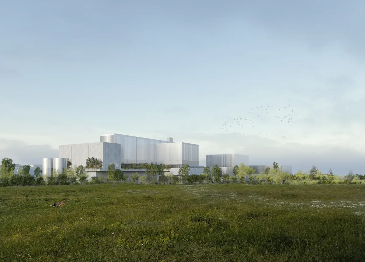 Visualisierung des Kezo-Ersatzneubaus: Ein wuchtiges Betongebäude, im Vordergrund eine grüne Wiese.